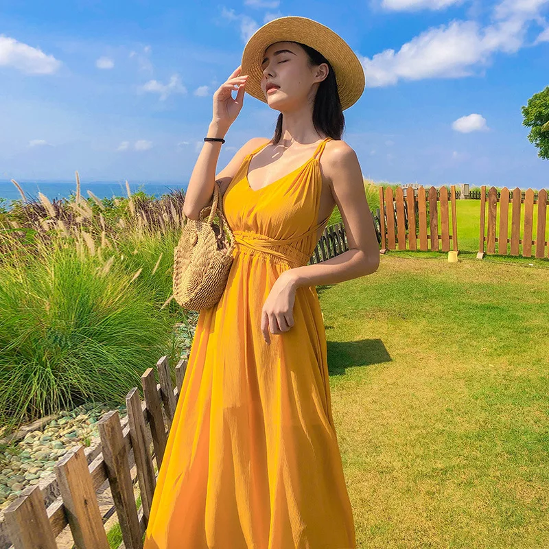 2021 New Yellow Beach Dress Women's Summer Beach Vacation Sling Back Sexy Dress Skirt Cover Up