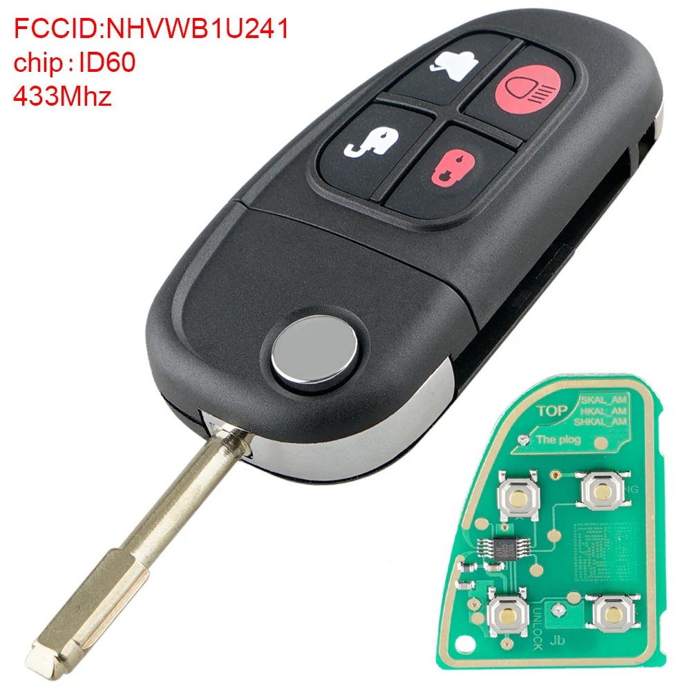 

4 Buttons 433Mhz Flip Replacement Car Remote Key with ID60 Chip NHVWB1U241 Fit for Jaguar S type / X type / XJ8 Auto key