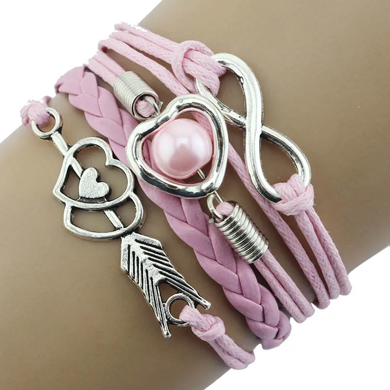 

Trend bracelets Infinity Love Heart Pearl Friendship Antique Leather Charm Bracelet A gift for a friend Cupid's sword of love
