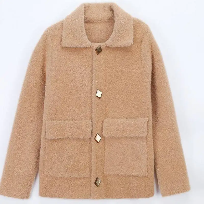 Женский вязаный кардиган на пуговицах облегающий с имитацией норки и бархата