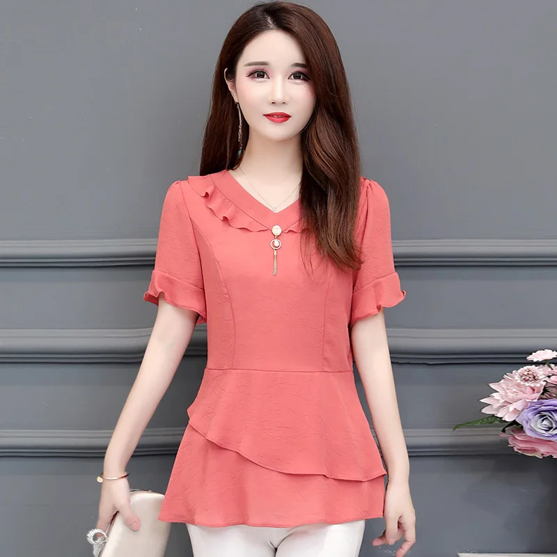 Шифоновая рубашка Блузки Женская туника-Пеплум Топ летний короткий рукав синий