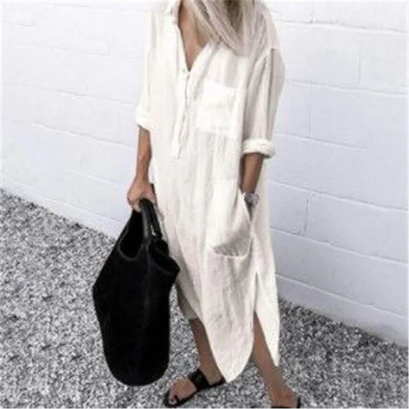 

Women Long Sleeve Shirt Dress Solid Side Split Long Dress Ladies Turn-down Collar Loose Pocket Sundress Party Dress