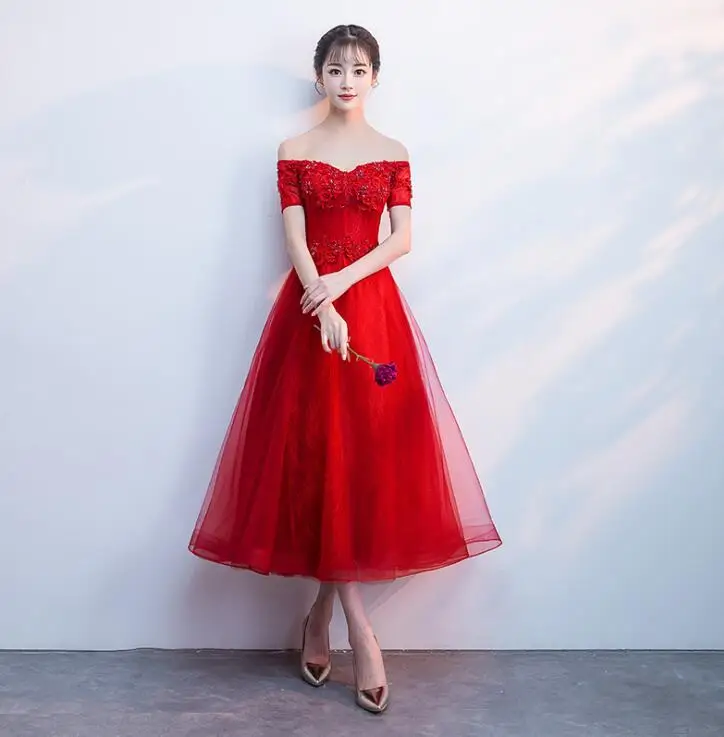 

Classic Red Lace Women Dress Elegant Brides,maid Wed-ding Dresses Slim Beads Flower Cheongsam Gowns Sexy Chiffon Even-ing robe