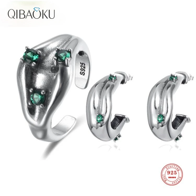 

Sterling Silver 925 Oxidation Opening Ring Set for Women Green Zircon Stylish Luxury Personality Fine Jewelry Large Earrings