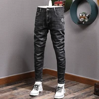 european street fashion men jeans black color elastic slim ripped jeans men embroidery designer korean style casual denim pants