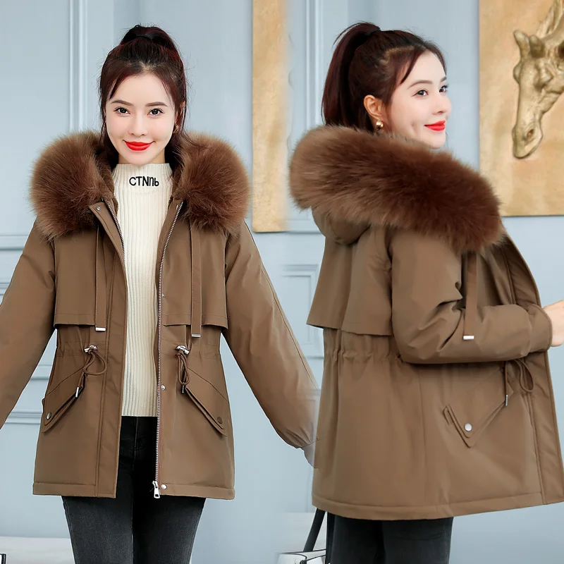 2022 Winter Slim Fleece Parkas Coat Fur Collar Hooded Thicken Warm Jacket Padded Casual Female Outwear Loose Korean Cotton Coats