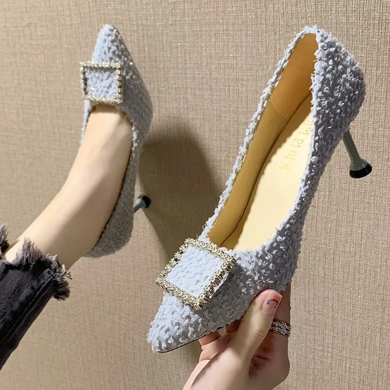 

Rimocy 2021 Spring Fashion Buckle Crystal Shoes Women Elegant Pointed Toe Stiletto High Heels Shoes Woman Single Shoes Ladies