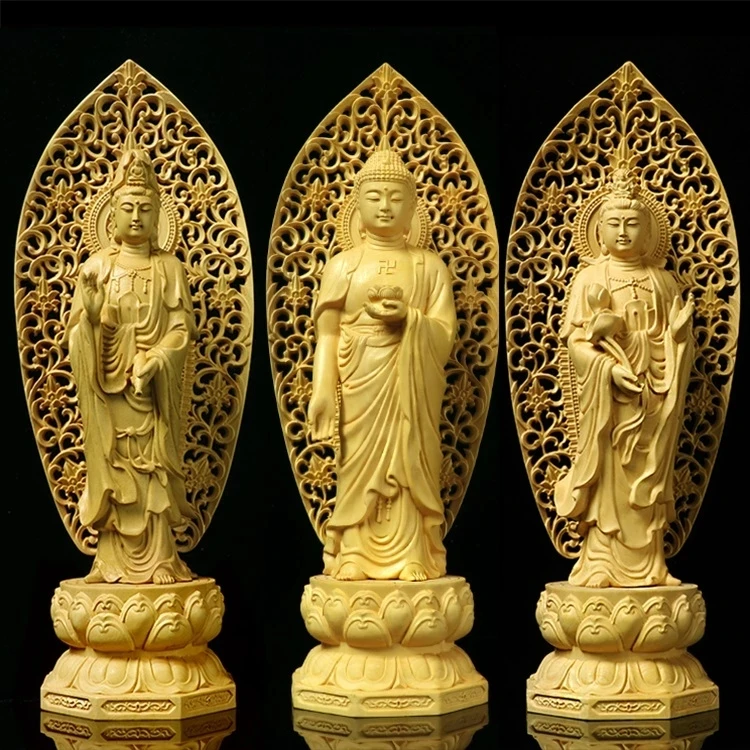 

27CM Three Buddha wood feng shui Buddhist temple statue Amitabha Guanyin Bodhisattva Western Gods budha light Wood carving