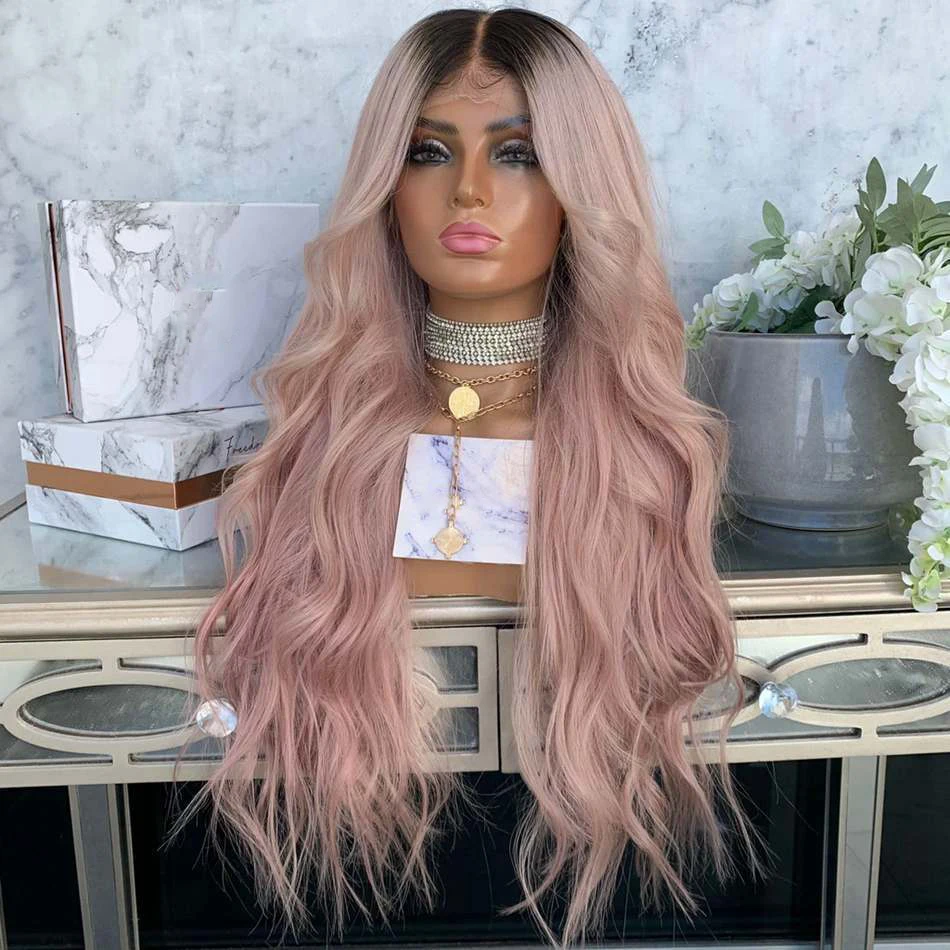 

Transparent Lace Ombre Dusty Pink 100% Human Hair Lace Front Wig for Women Natural Wave 13x6 Deep Part Dark Root Lace Front Wigs