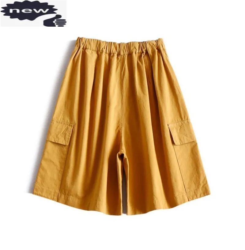 

Женские эластичные шорты-карго с высокой талией, свободные брюки до колена с карманами и широкими штанинами, Женские однотонные повседневные спортивные штаны