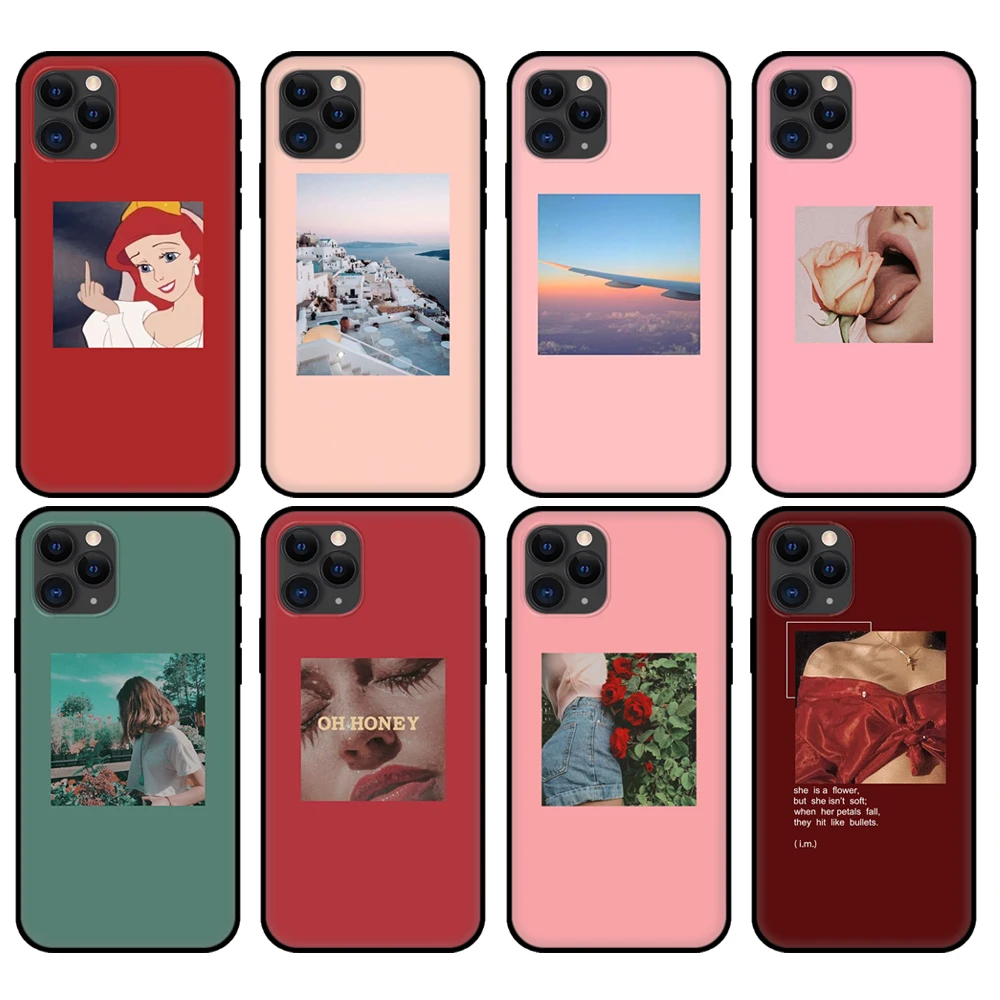 Черный чехол из ТПУ для iphone 5 5s se 6 6s 7 8 plus x 10 XR XS 11 pro MAX розового красного цветов с