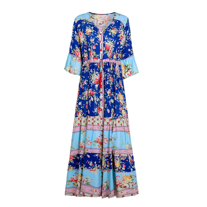 Женское платье с цветочным принтом Everkaki Boho, v-образный вырез, регулируемый пояс, половина рукава, длинное платье в стиле бохо, женское платье, лето-осень
