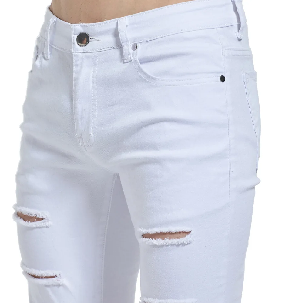 

European&American Fashion Hole Slim Fit Men's Jeans High Street Trend Super Skinny White Denim Pants Ripped Boyfriend Jeans