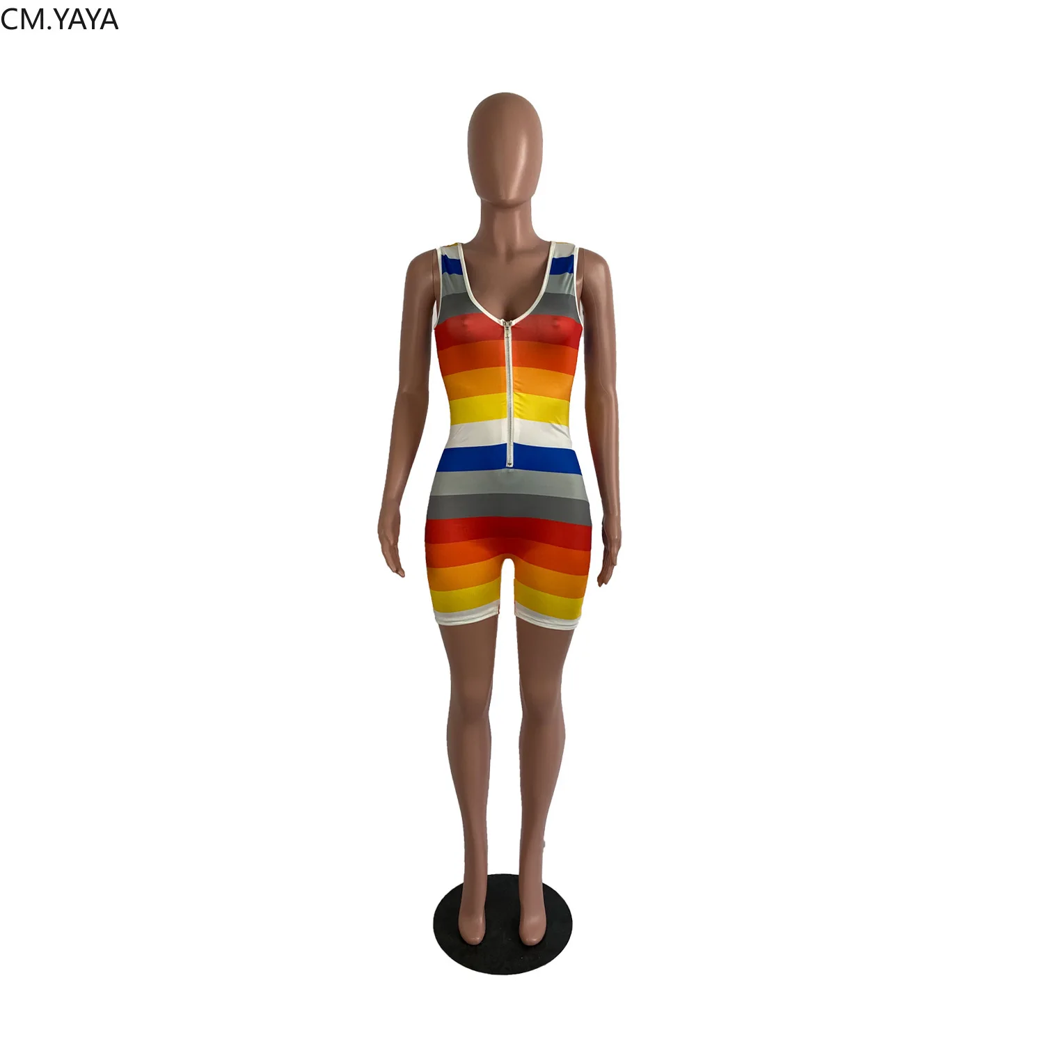 CM.YAYA Summer Women Rainbow Striped Zipper Up Sleeveless Bodycon Bodysuit Knee Length One Piece Romper Playsuit Jumpsuit |