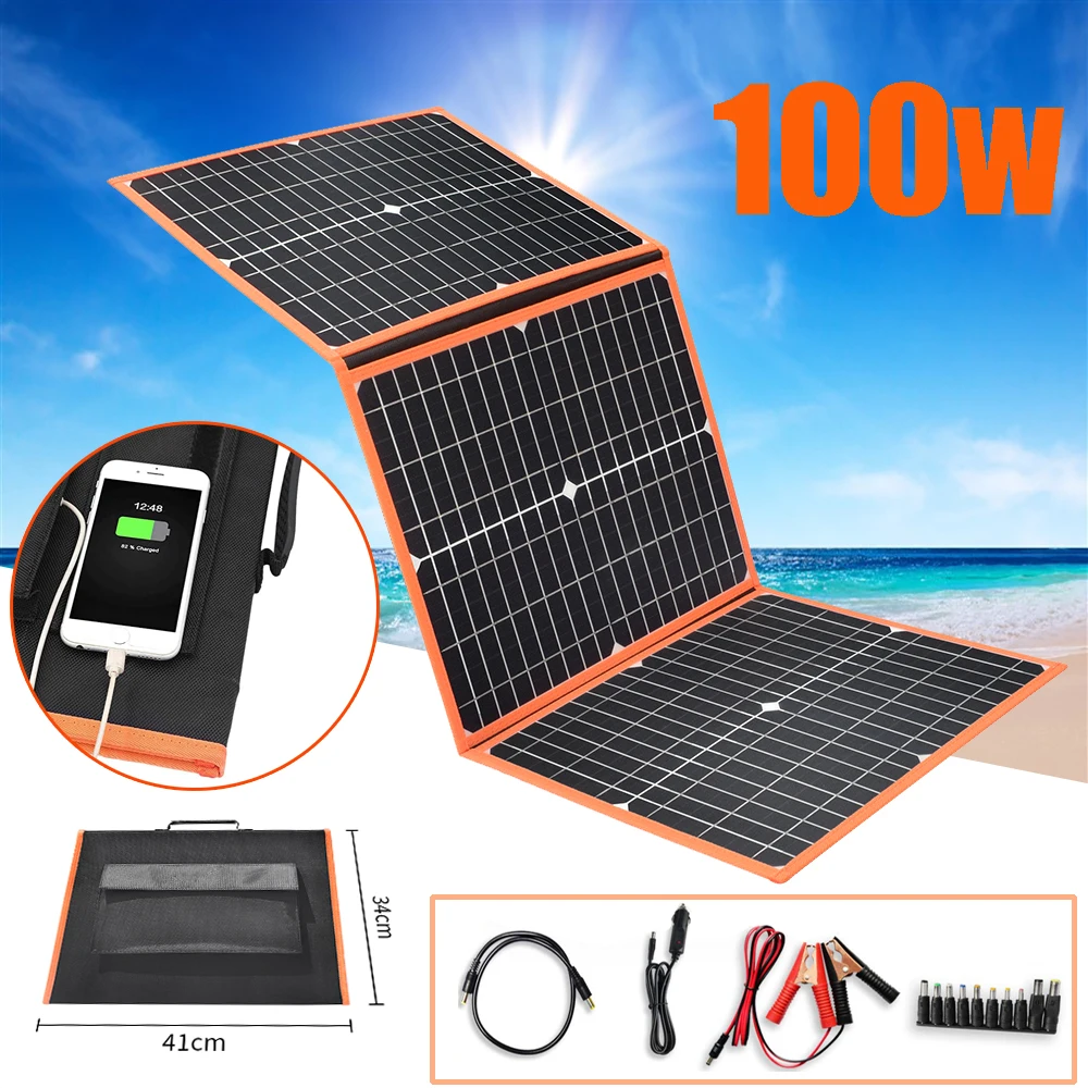 

100W 12V Foldable Solar Panel Kit Portable Solar Battery Phone Charger Photovoltaic 5V USB for Power Bank Car Boat Tablet Camper