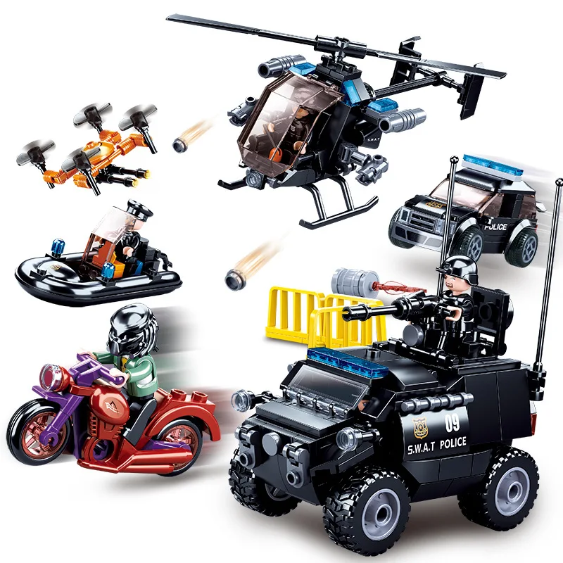 

NEW Sluban City Police SWAT Team Car Helicopter Model DIY Building Blocks Action Figures Bricks Classic Moc Toys For Kids Gift