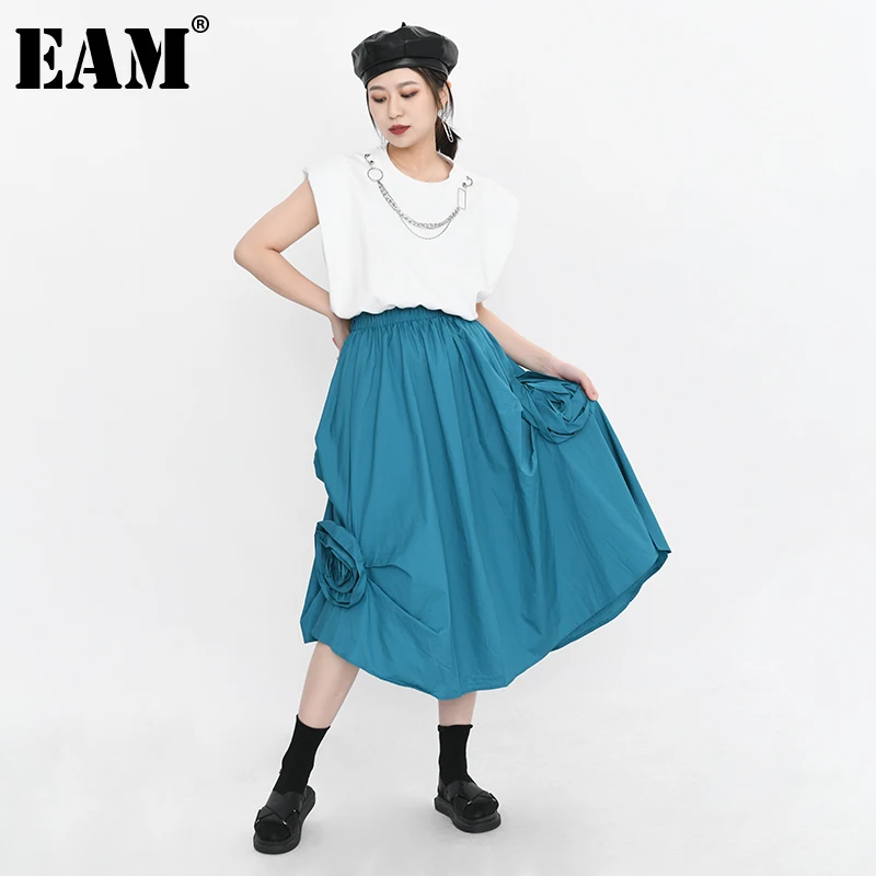 

[EAM] юбка с высокой эластичной талией в синюю полоску с оборками, черная Свободная юбка в полоску, женская мода, новинка, весна-осень 2022, 1DD716405