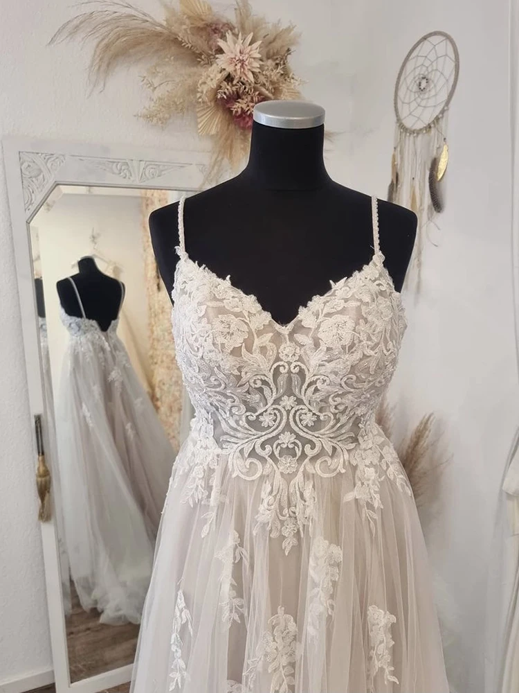 

MNGRL Ivory Wedding Dress Sweetheart Neck Spaghetti Straps LaceFlower Bridal Dresses Backless Brush Train Robe de mariée
