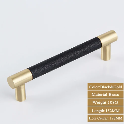 Black Gold 128MM 1 шт. ручки для шкафа/Ручки Латунный шкаф для шкафа черный/коричневый кожаный дверные ручки высокое качество домашний декор - Цвет: Black Gold 128MM