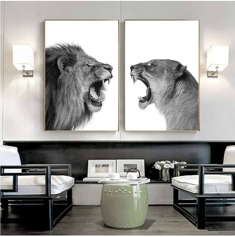 Холст с изображением Льва и львицы черно-белая деревянная стена животных картина