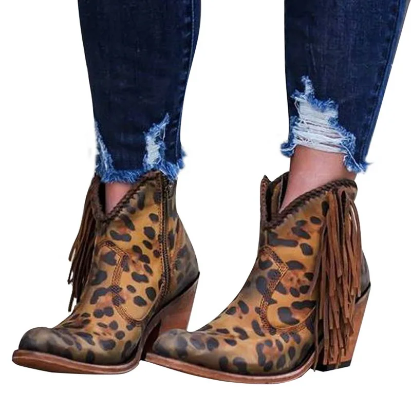 Женские ботильоны из искусственной кожи Обувь на квадратном каблуке леопардовые