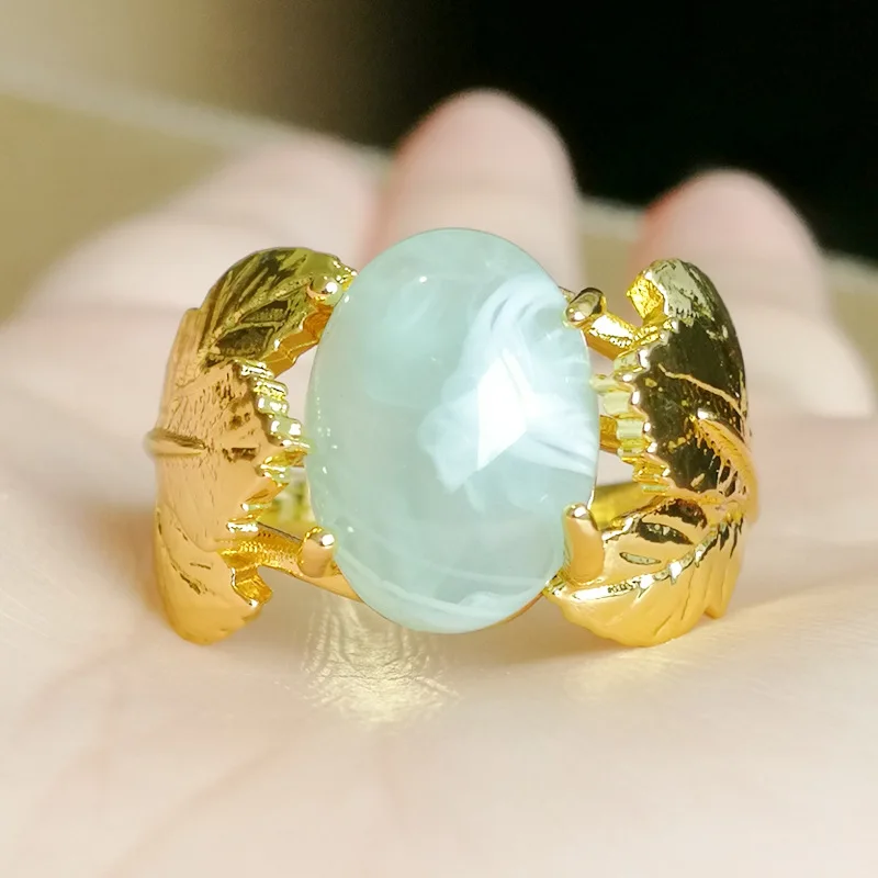 

FDLK Vintage Solid Yellow Gold Color Natural Green Leaf Ring Women Wedding Engagement Party Rings Jewelry