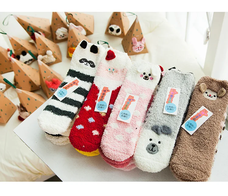 1pair fuzzy socks warm socks Embroidery Cartoon Casual Christmas Socks Towel socks Cute Sleep Socks Funny Socks Women kawaii Hot