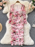 runway fashion designer elastic mesh dress womens square collar long sleeve ruched flower print spring party midi dress m66860