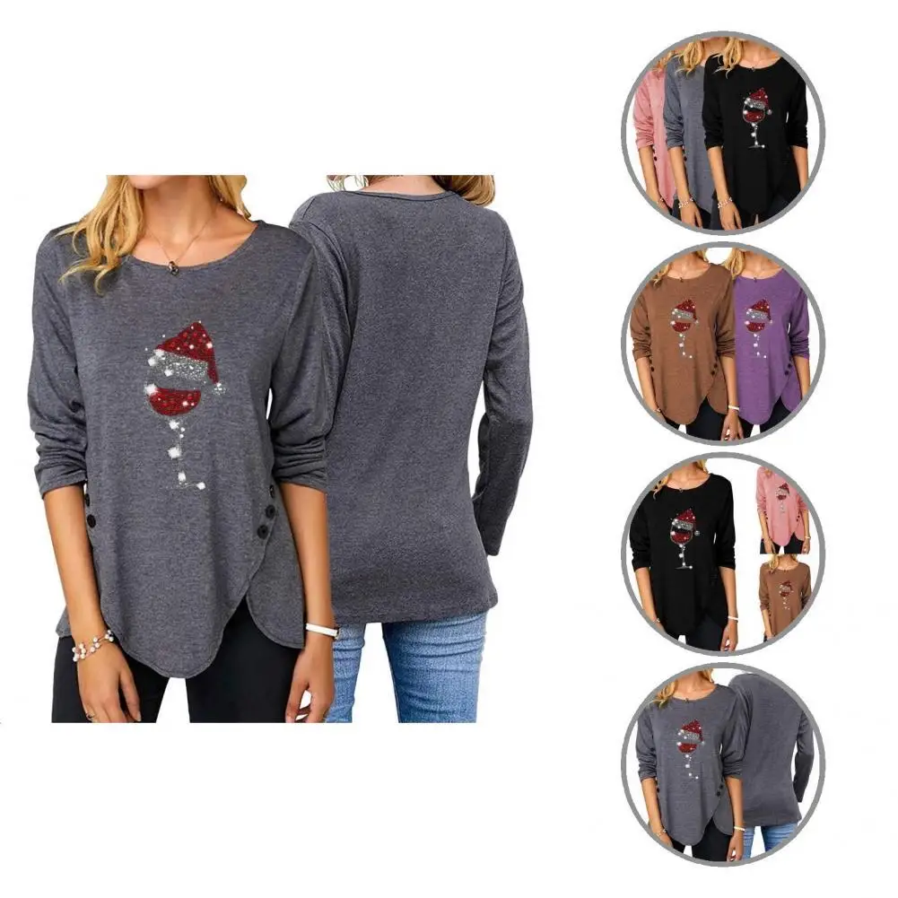 

Women T-shirt Round Neck Female Irregular Hem Asymmetric Christmas Element T-shirt Blouse for Dating