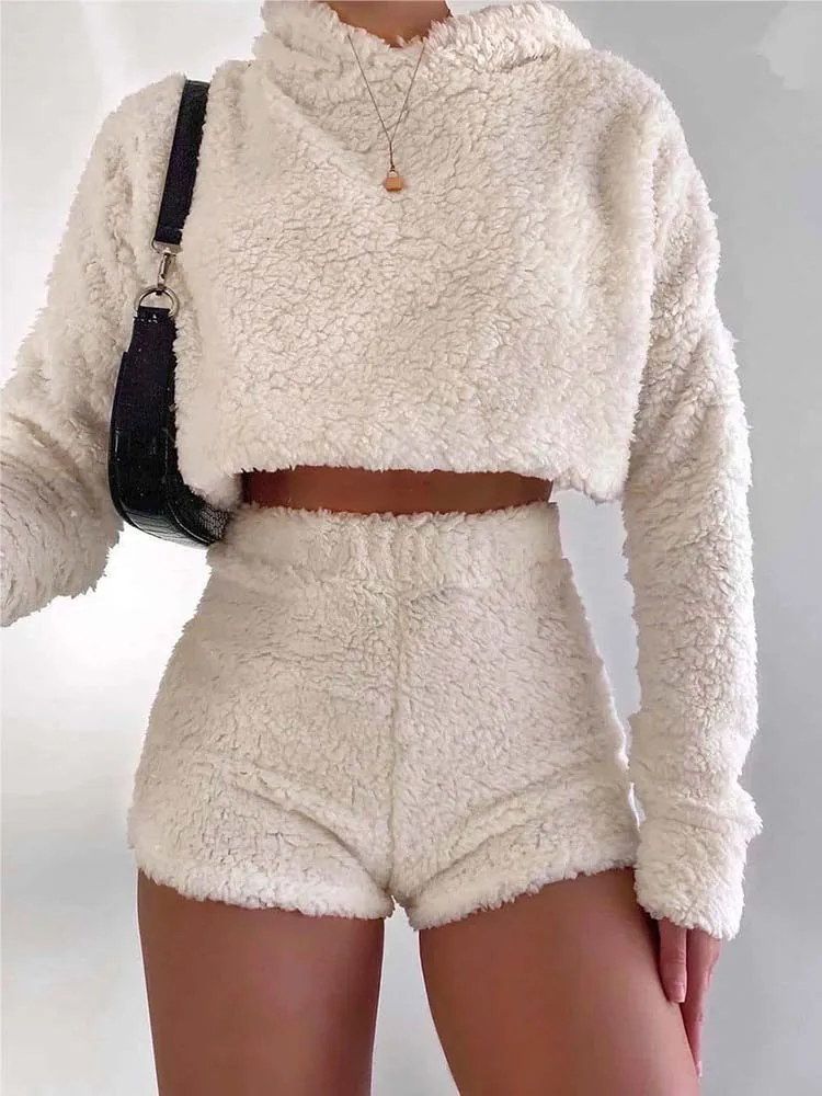 

Winter Wool Fleece Two Piece Women Sets Sweatshirts And Biker Shorts Loungewear Tracksuits Plus Size 2021 Outfits Female Clothes