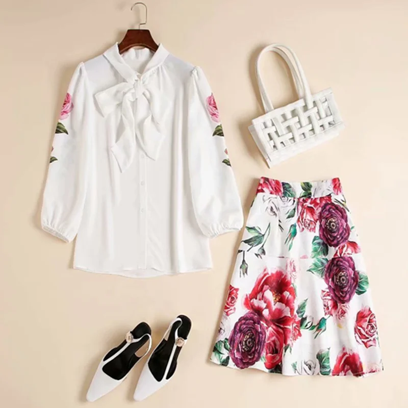 

Женская одежда в европейском и американском стиле Новинка Лето 2021 стильная рубашка с бантом и семи точечными рукавами юбка с принтом пиона ...