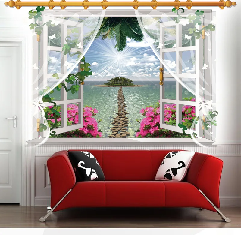 

Island style screen window scenery false window landscape wall sticker environmental protection Removable Wall Sticker