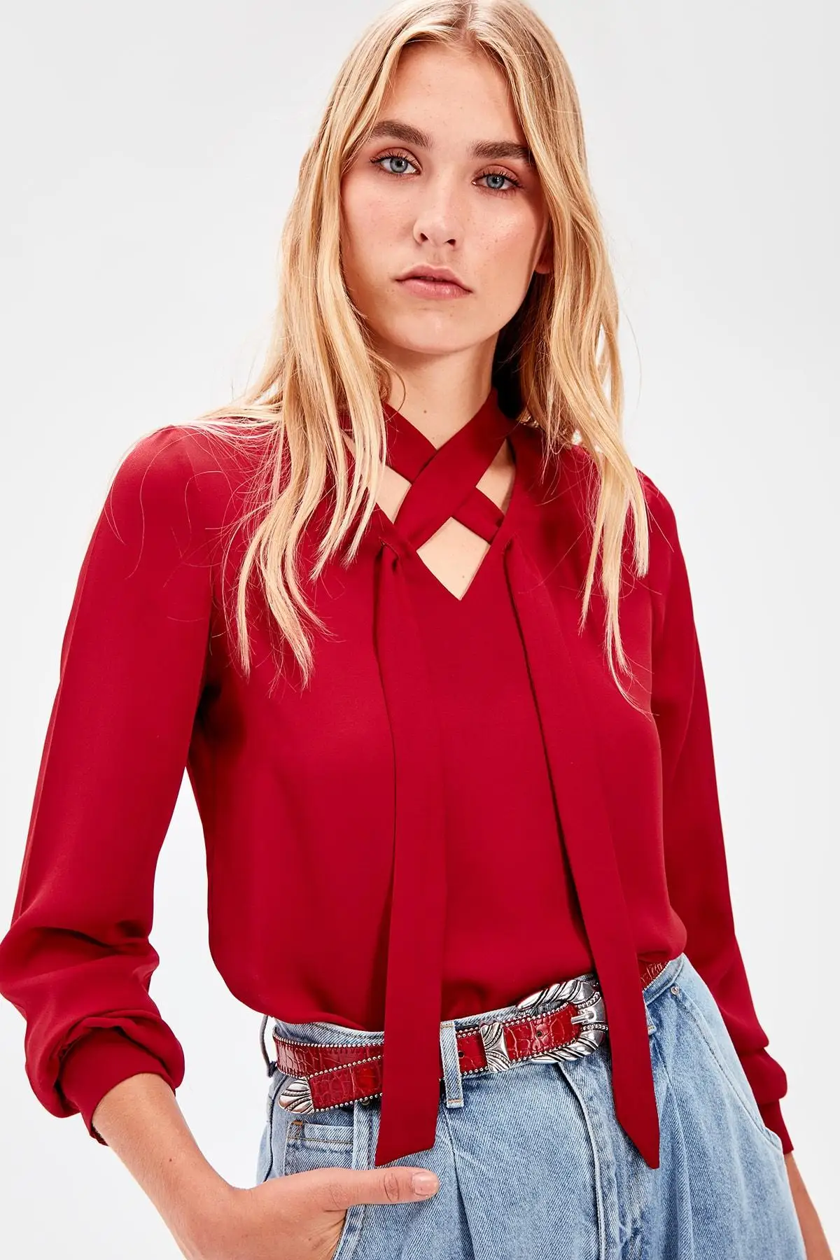 Trendyol бордовая муфта detayl'bluz TWOAW20BZ0238