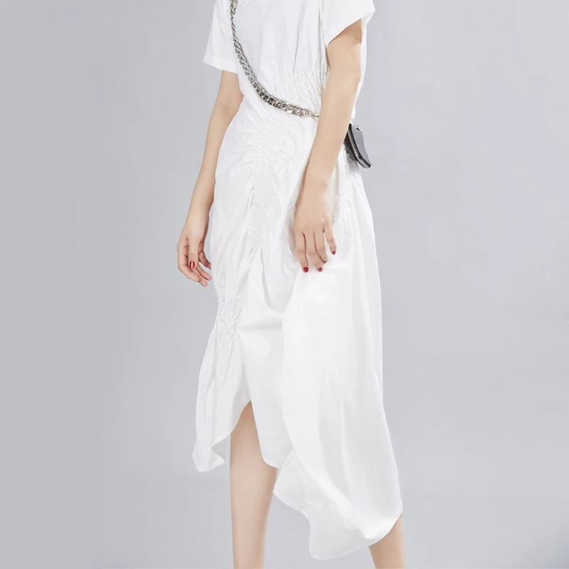 

Female Elastic Ladies Clothes Dress Summer 2021 Irregular Medium Length O Neck Over Knee Loose Pleated Dresses Yalabovso