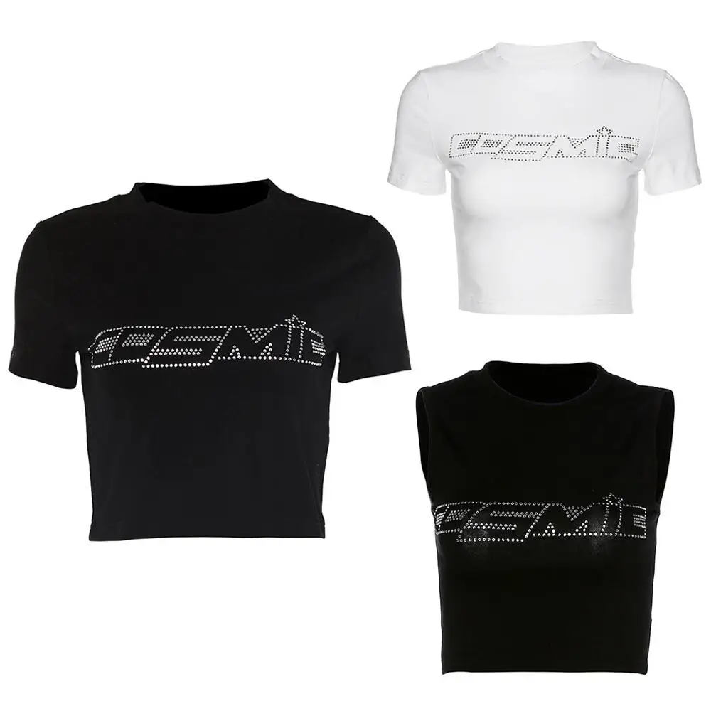 

Summer Short Sleeve/Sleeveless Crop Top Silver Hot Drill Rhinestone Cosmic Letters T-Shirts Navel Slim Vest Club Party Streetwea