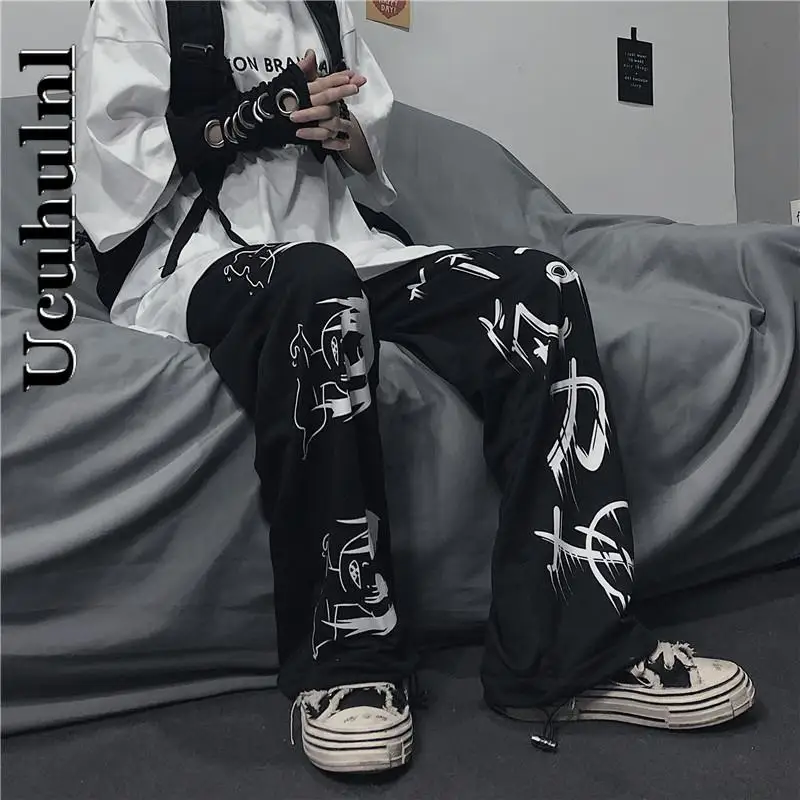 Ucuhulnl 2021 New Korean Version Ins Street Hip-hop Print High-waist Straight-leg Pants Loose-fitting Pants for Men and Women