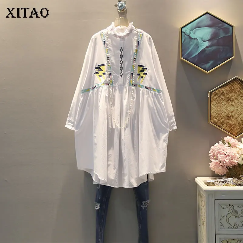 XITAO элегантное платье миди с вышивкой длинный рукав стоячий воротник