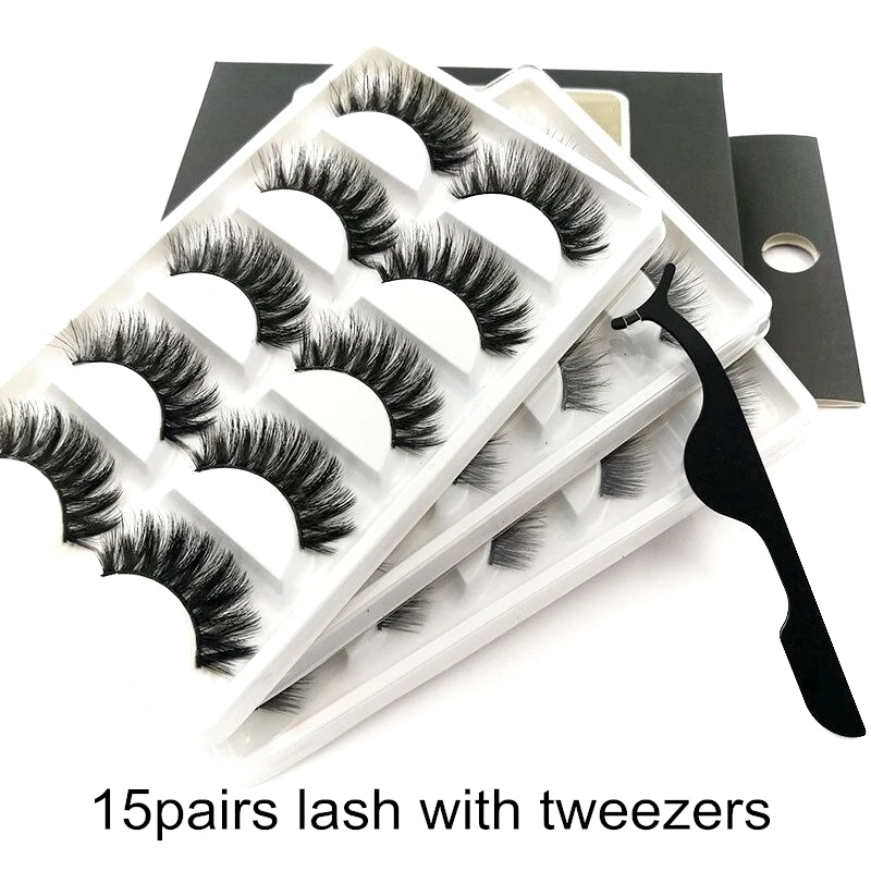 

2020 New 3D Faux Mink Hair Cross False Eyelashes 15 Pairs with tweezers Long Eye Lashes Handmade Thick Makeup Beauty Extension