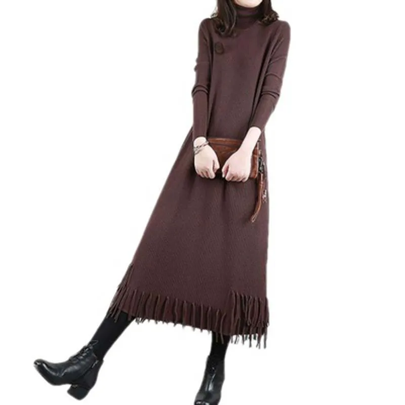

Thick Winter Retro Knit Women Dress 2023 New Fashion Large Size Solid Color Medium Length Large Size Tassel Women Dresses NBH553