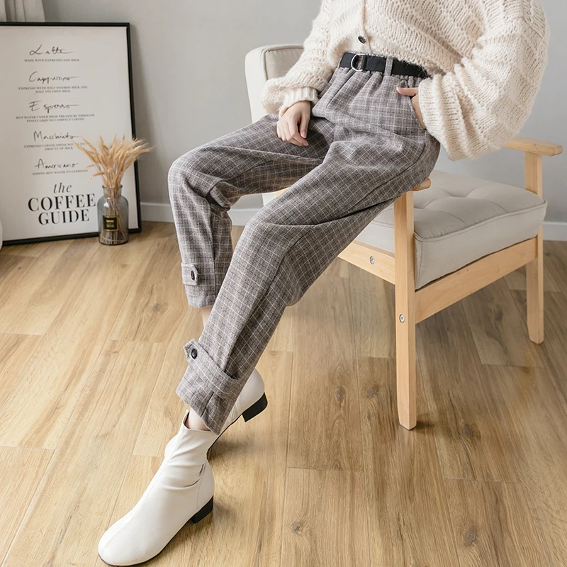 

Tonglord Women's Woolen Pants 2020 New Autumn Winter Loose Long Trousers Plaid Cropped Harem Pants Tapered Casual Pant With Belt
