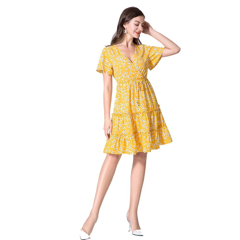 Женское платье с запахом и цветочным принтом ZOGAA Летнее мини V образным вырезом