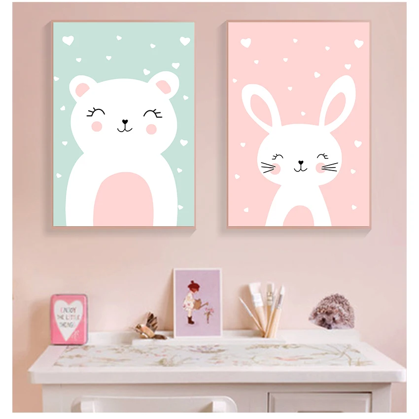 

Rabbit Bear Wall Art Print Minimalist Painting Nordic Decoration Picture Baby Kids Bedroom Decor Nursery Canvas Poster Cartoon