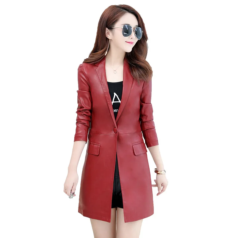 

Spring Women Leather Jacket Fashion Slim Suit Collar High Quality PU Leather Motorcycle Trench Coats Plus Size S-5XL