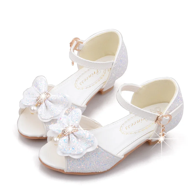 Girls Princess Shoes Shiny Children's High Heels White Show Leather Shoes New Summer Girls Bowtie Paillette Performance Sandals