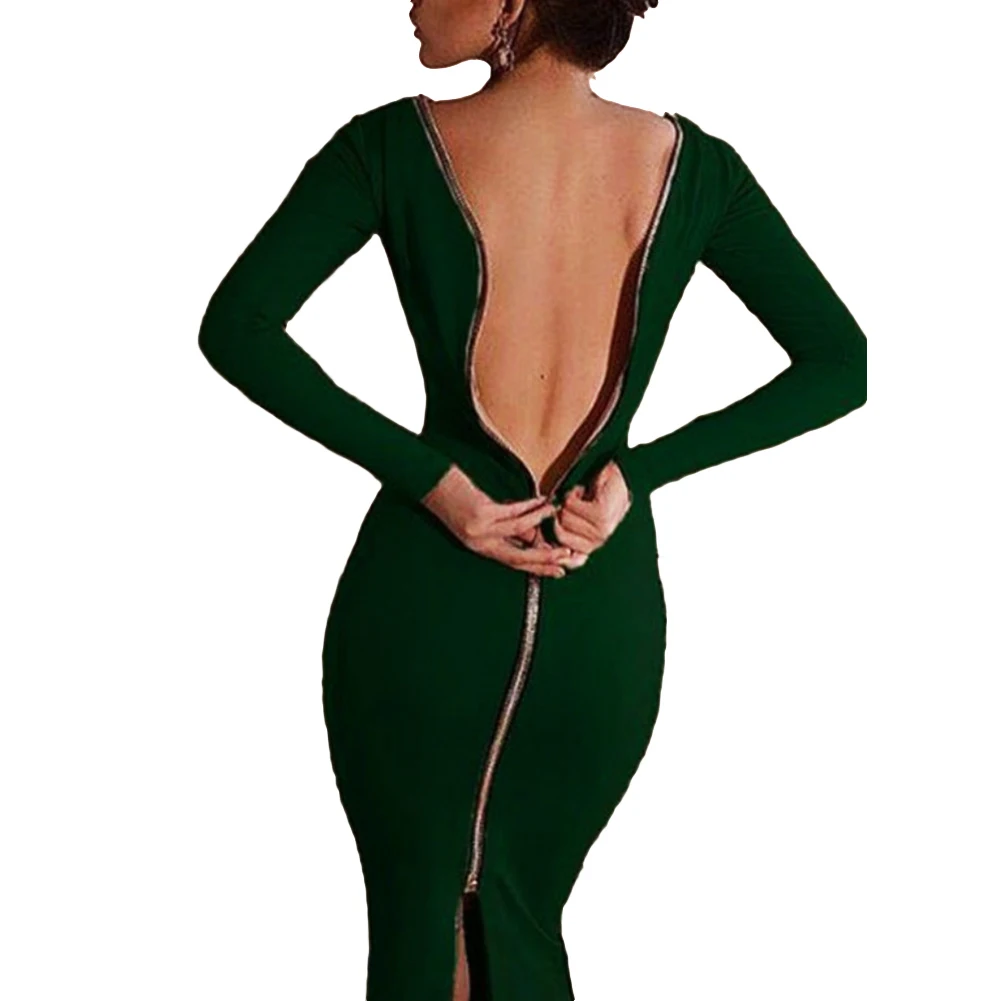 Sexy Women Solid Color Long Sleeve Backless Zipper Sliing Bodycon Banquet Dress | Женская одежда