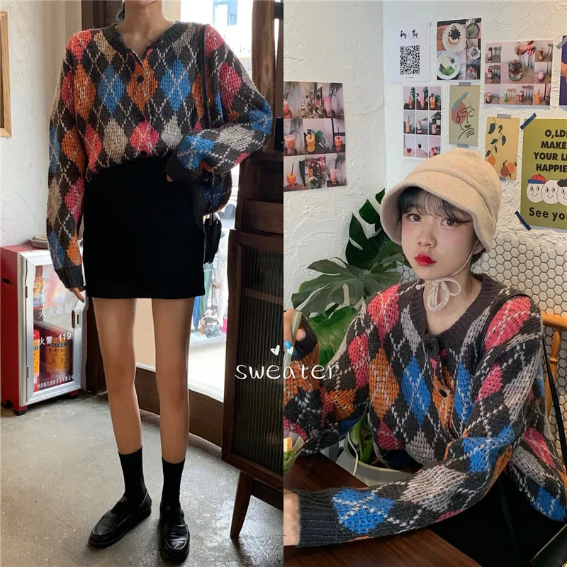 KINOMI Autumn Winter Vintage Long Sleeve Women's Cardigan Sweater Rhombus Printed O-Neck Casual Knitted 2019 New |