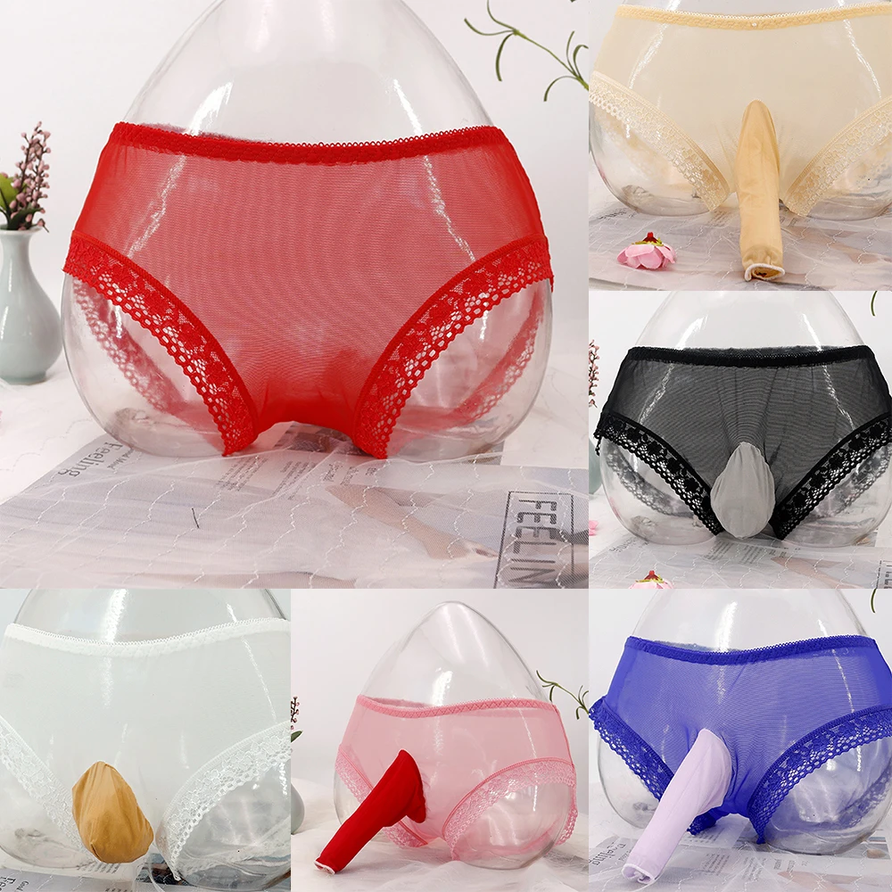 

Mens Sexy Sissy Pouch Panties Sheer Lace Edge G-String Breathable Mesh Thongs Nylon Seamless Ice Silk Underwear Ultra-Thin Brief