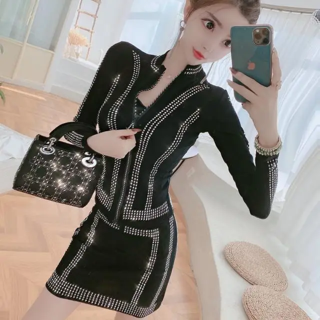 

Women 2 Piece Set Fashion Suit 2021 Trendy Designer Clothes Long Sleeve Rhinestone Sparkling Glitter Top and Skirt Set
