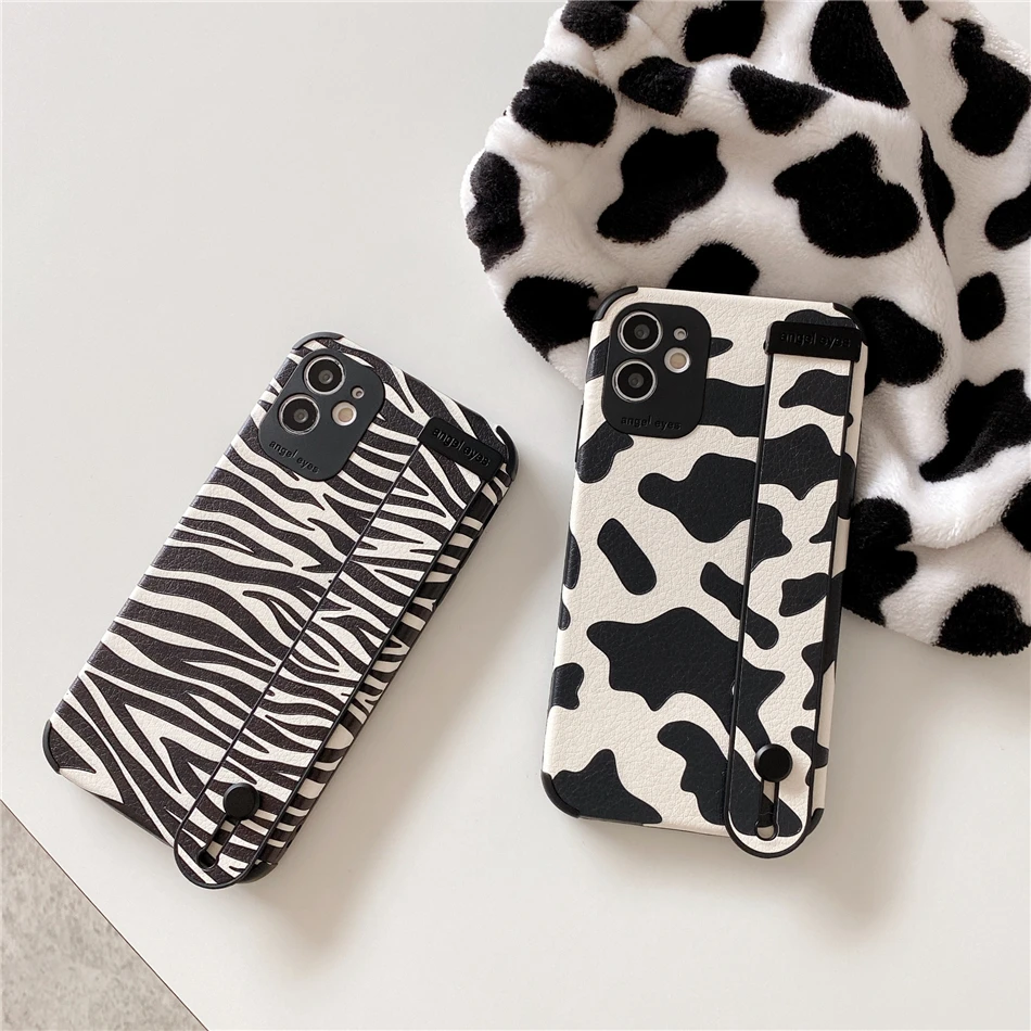 Zebra Leopard Milk Pattern PU Leather Phone Case For iPhone 13 12 11 Pro XS MAX X XR 7 8 Plus Cover Hand Band Wrist Strap Women