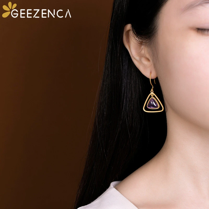 

925 Sterling Silver Jewelry Gold Plated Triangle Gemstones Drop Earrings for Women Amethyst Smoke Quartz Rose Quartz Earring